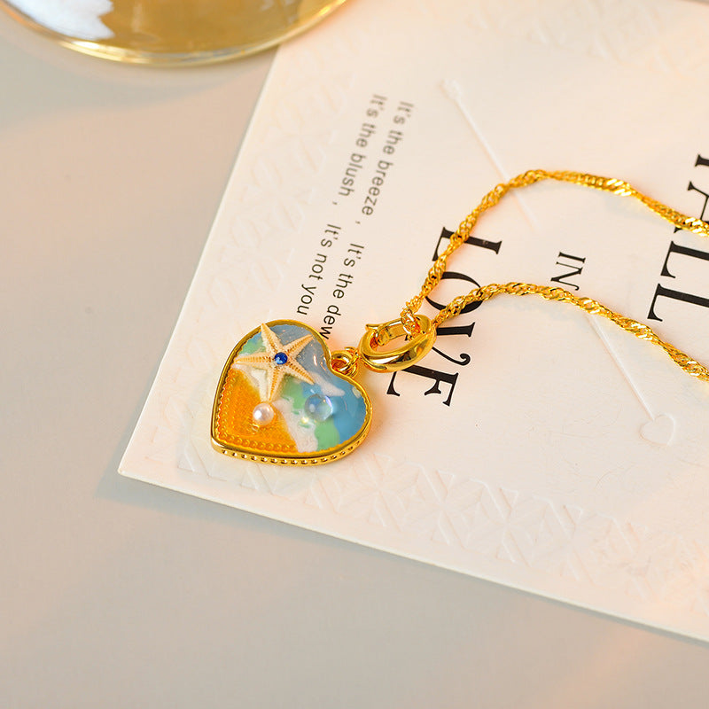 [Romantic Holiday] Oil Painting Style Romantic Sea Breeze Necklace Niche Design Elegant Sweet Heart Collarbone Chain Choker