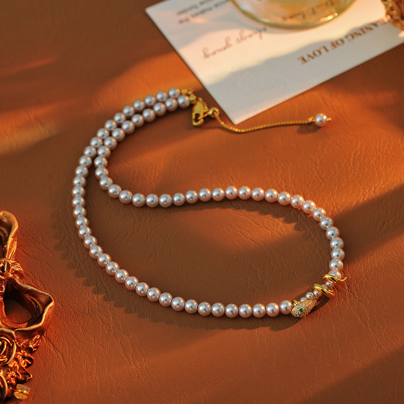 Manta Rose Color Snake Pearl Necklace for Women New Hot-Selling Light Luxury High-End Accessory Exquisite Sweater Chain