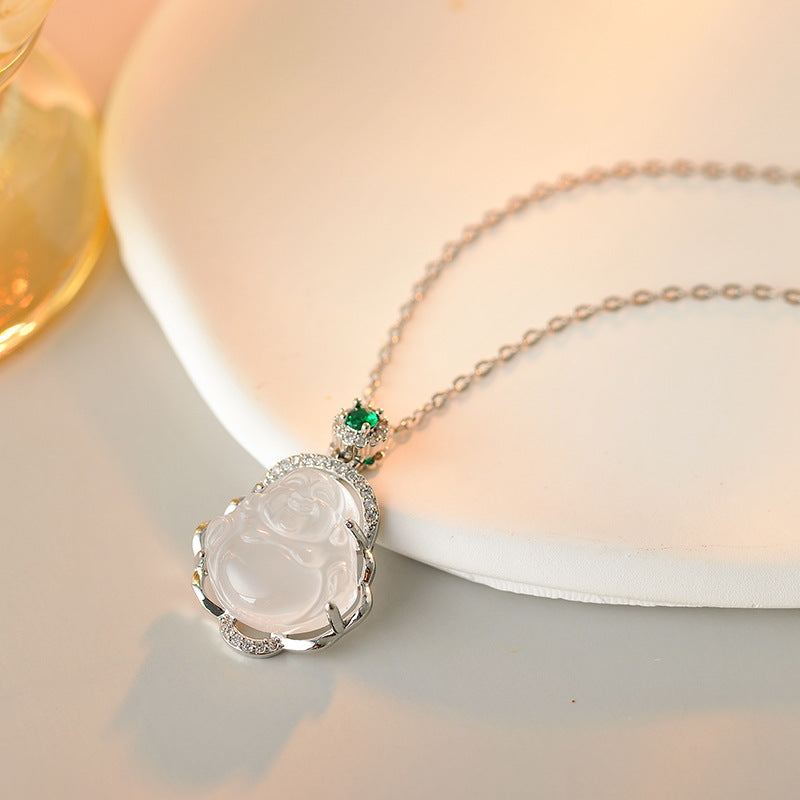 New Chinese Style Necklace for Women, White Chalcedony Miluo Buddha Necklace, Niche Summer High-end Necklace for Women