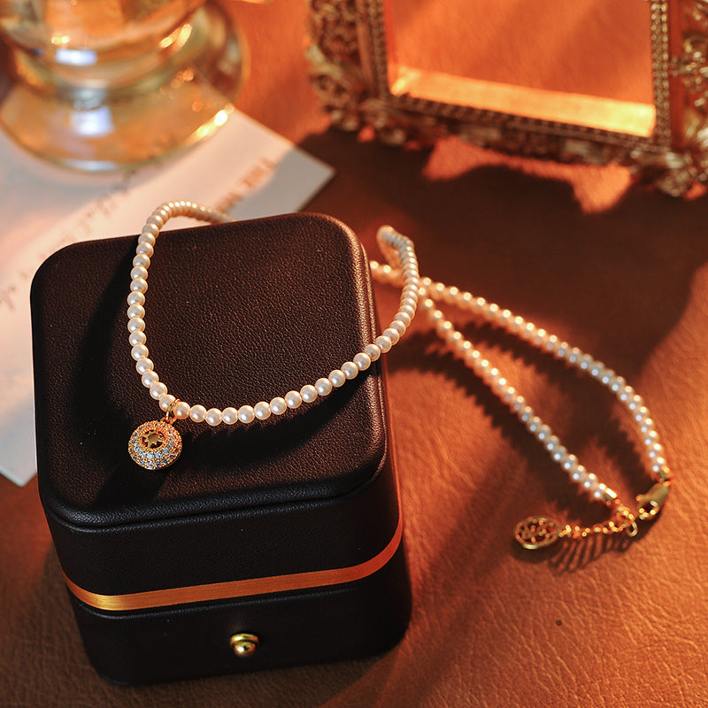 New Year Necklace Light Luxury Elegant Versatile Micro Inlaid Zircon Hollow Eight-Pointed Star Pendant Pearl Necklace for Women