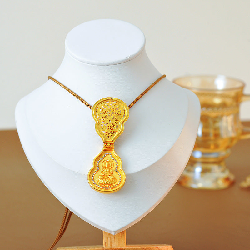 New Chinese Style Ancient Method Hollow Gourd Necklace with Inlaid Diamonds Guanyin Blessing Pendant Three-Dimensional New Light Luxury Non-Fading Pendant