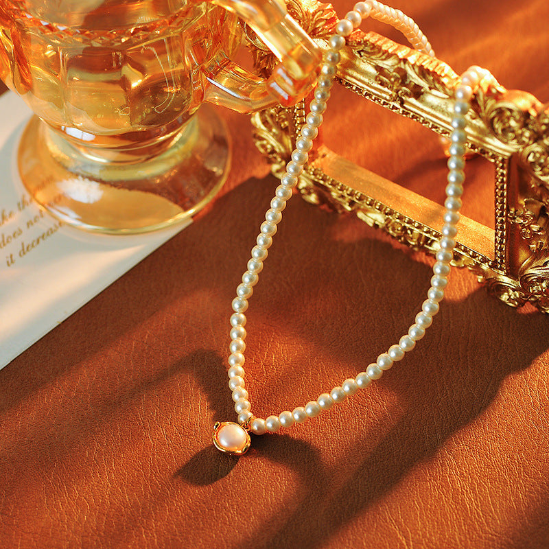 Korean Style New Shijia Necklace Metal Round Ring Freshwater Pearl Pendant Clavicle Chain Niche Design Sense Neck Chain