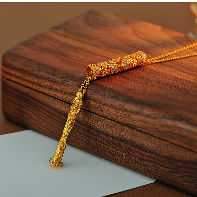 New Chinese Style Ancient Method Hollow Carved Inlaid Cylinder Necklace Eight Styles Portable Gold Buddha Necklace Prayer Wheel for Men and Women Couples