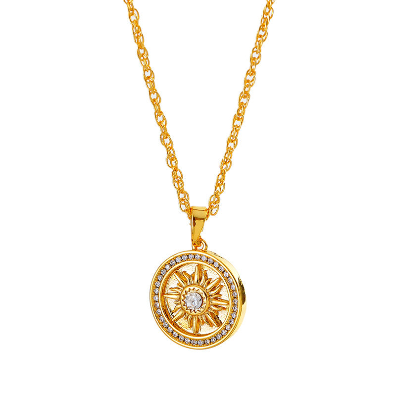 Traditional Inlaid Diamond Round Sunflower Gold-Plated Necklace for Women, New Autumn Winter Sweater Chain, Light Luxury High-End Feel