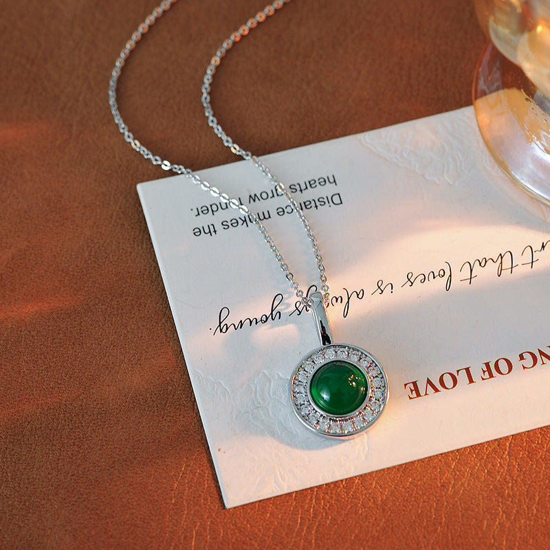New Chinese Style Green Chalcedony Round Pendant Necklace Fashionable Commuting Versatile Elegant Personality Necklace