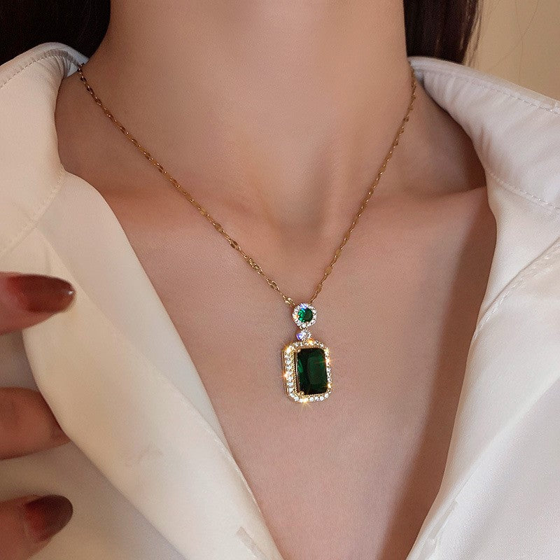 Titanium Steel Jewelry Zircon Emerald Crystal High-end Earrings Necklace Set Vintage Stud Earrings Elegant Collarbone Chain Ring