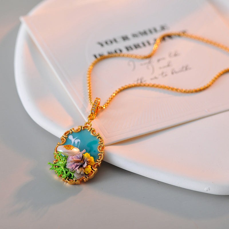 New Chinese Style Retro National Style Oil Painting Pearl Necklace Earrings Flower Fashion Collarbone Chain Pendant