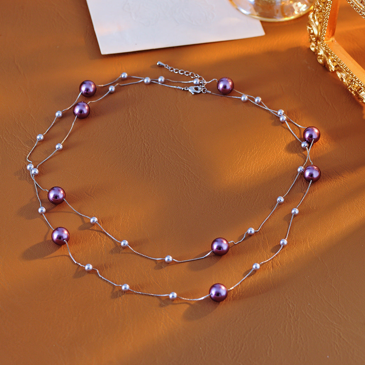 French Style Layered Long Purple Pearl Necklace Fashionable Elegant Light Luxury High-end Sweater Chain for Women