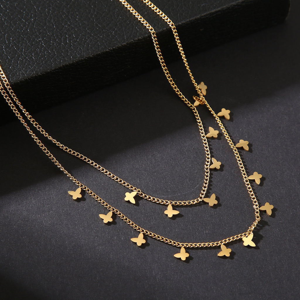 Design Sense Double Layer Butterfly Necklace 2025 New Trend High-end Titanium Steel Non-fading Versatile Collarbone Chain Necklace