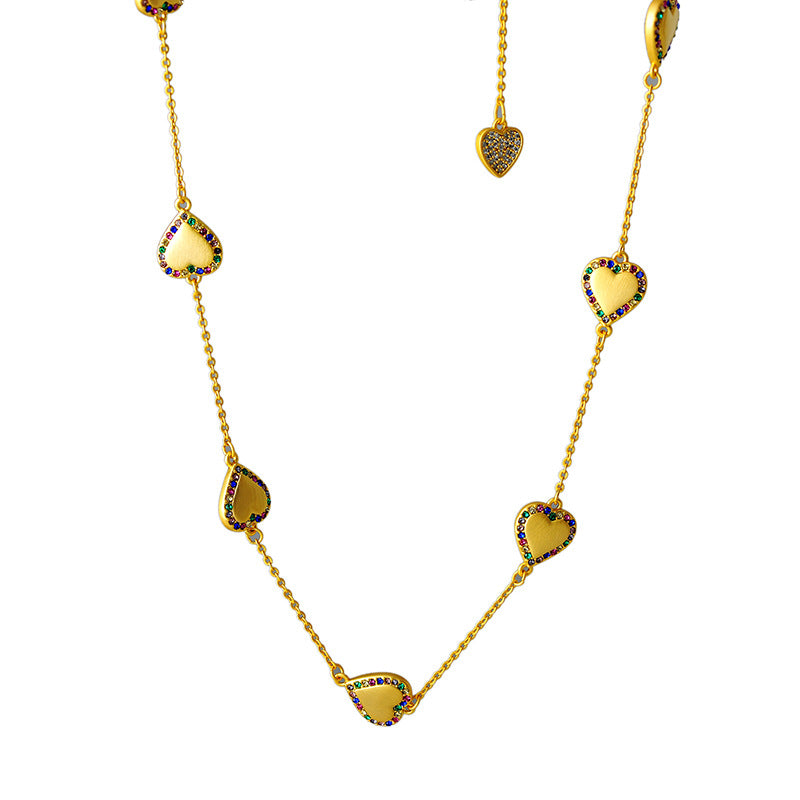 Summer Sweet Fresh European and American Style Brushed Gold Plated Heart Micro Inlaid Colorful Zircon Design Simple Multi Pendant Necklace Collarbone Chain