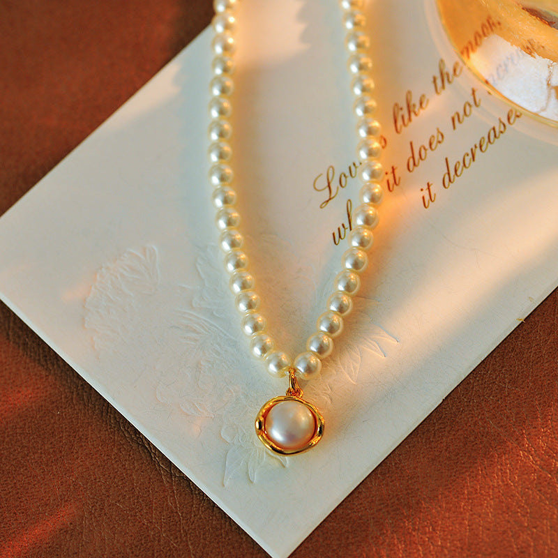 Korean Style New Shijia Necklace Metal Round Ring Freshwater Pearl Pendant Clavicle Chain Niche Design Sense Neck Chain
