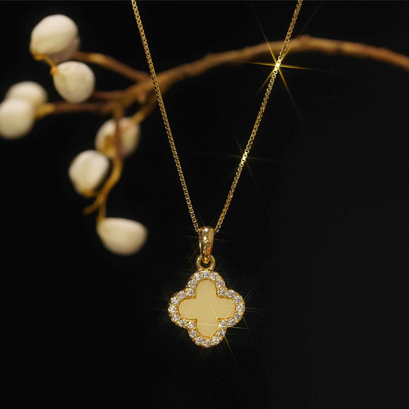 Japanese and Korean Fashion Simple Double-Sided Four-Leaf Clover Micro-Stud Necklace for Women Trendy Ins Internet Celebrity Temperament Street Style Collarbone Chain for Women