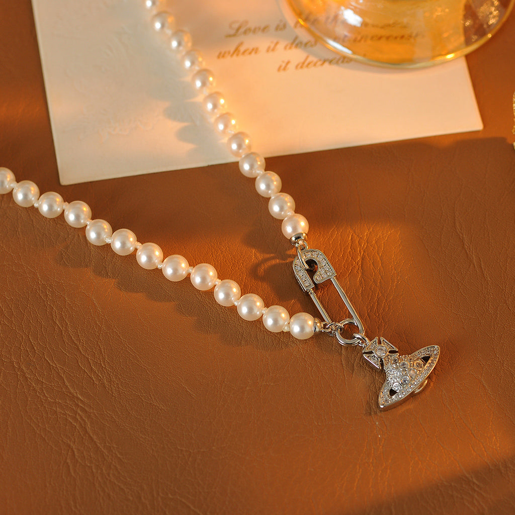 Light Luxury Niche High-End Zircon Saturn Pearl Necklace Autumn Winter Sweater Chain New Hot-Selling Choker