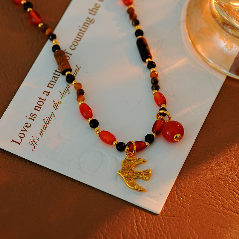 Wu Xin Same Style Red Agate Fire Bird Beaded Necklace for Women Clavicle Chain Dopamine French Retro Niche Design