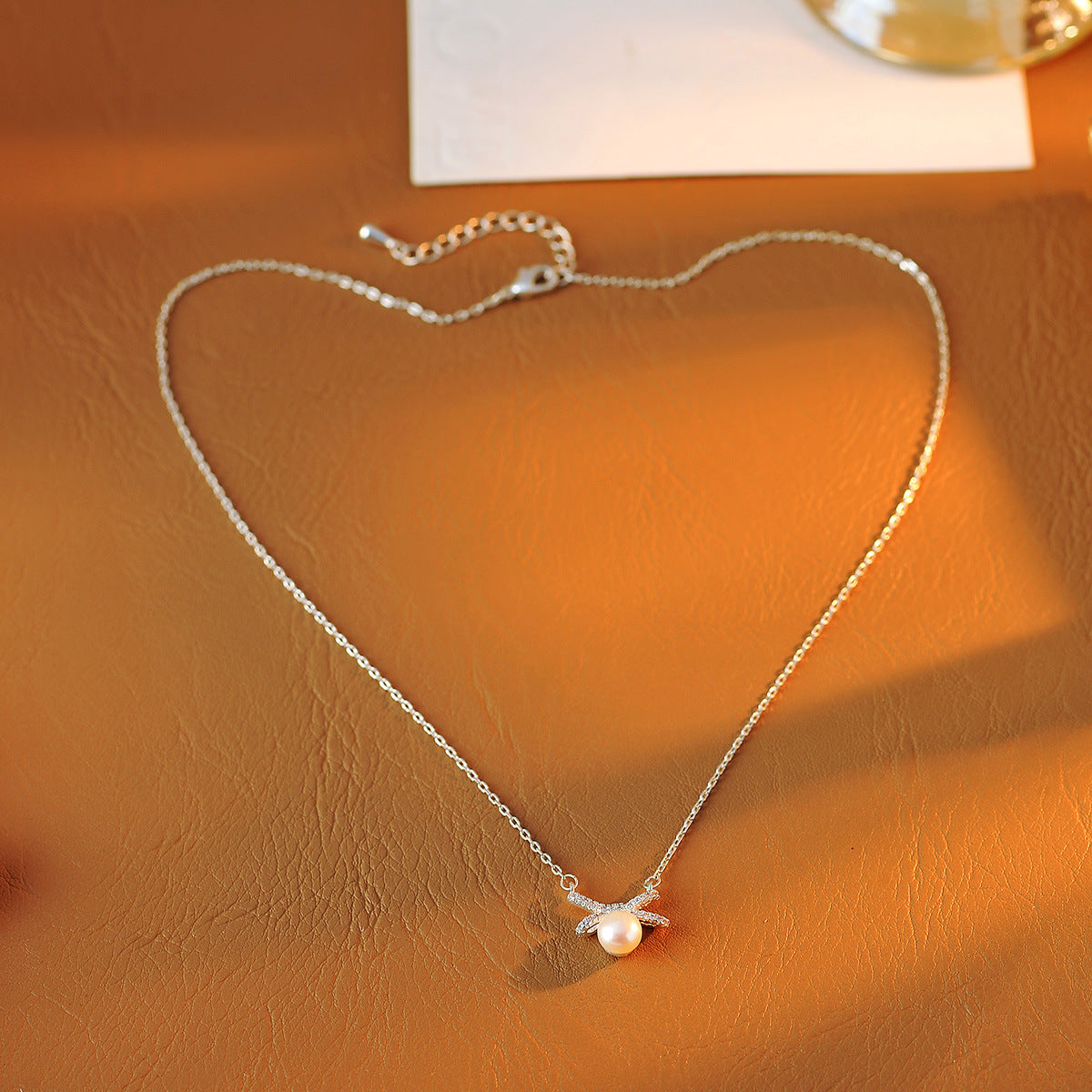 Sweet Full Diamond Bowknot Pearl Necklace for Women, Exquisite Versatile Stylish Collarbone Chain Necklace Jewelry