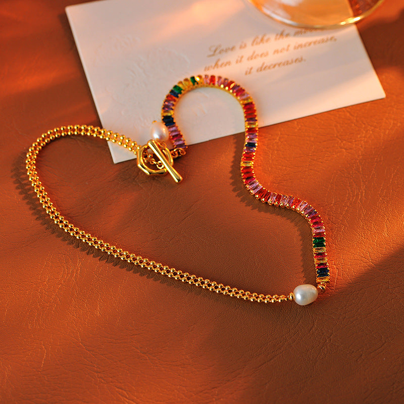 European and American Fashion OT Buckle Zircon Freshwater Pearl Necklace Autumn Winter Light Luxury Niche Exquisite Versatile High-end Clavicle Chain