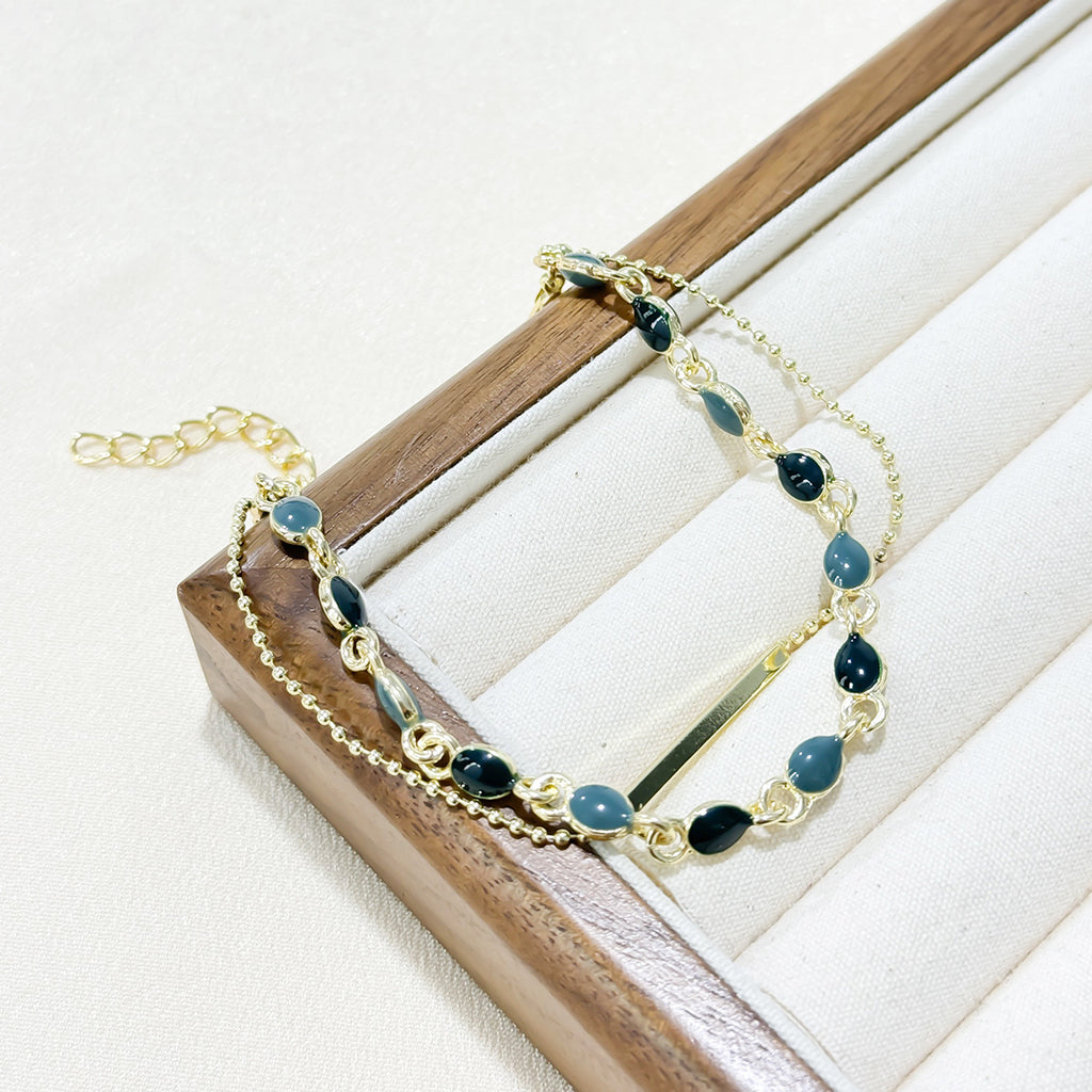 European and American Fashion Green Gemstone Double Layer Bracelet for Women, High-End Summer Niche Personality Versatile Bracelet