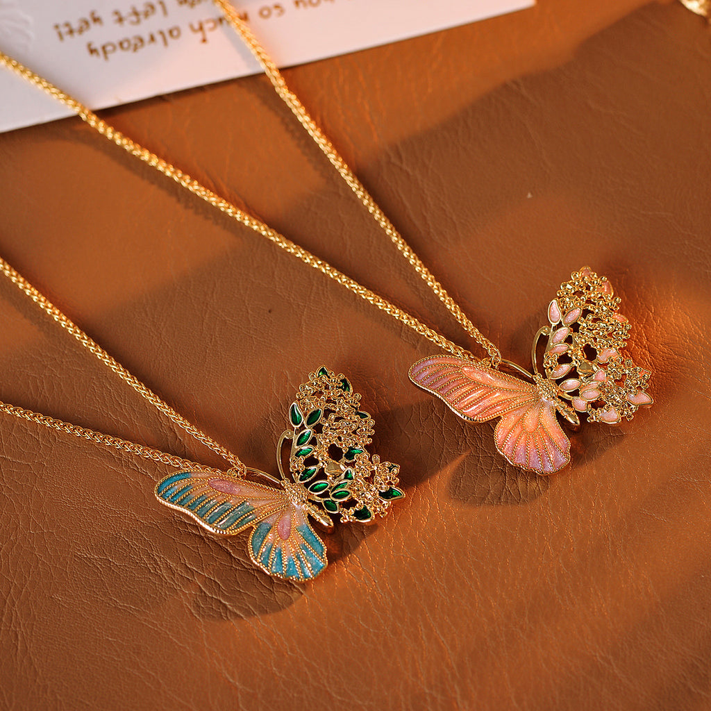 Real Gold Plated Light Luxury Osmanthus Half-Sided Butterfly Pendant New Chinese Style Dreamy Blossom Butterfly Necklace