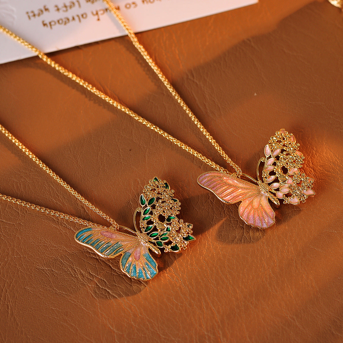 Real Gold Plated Light Luxury Osmanthus Half-Sided Butterfly Pendant New Chinese Style Dreamy Blossom Butterfly Necklace