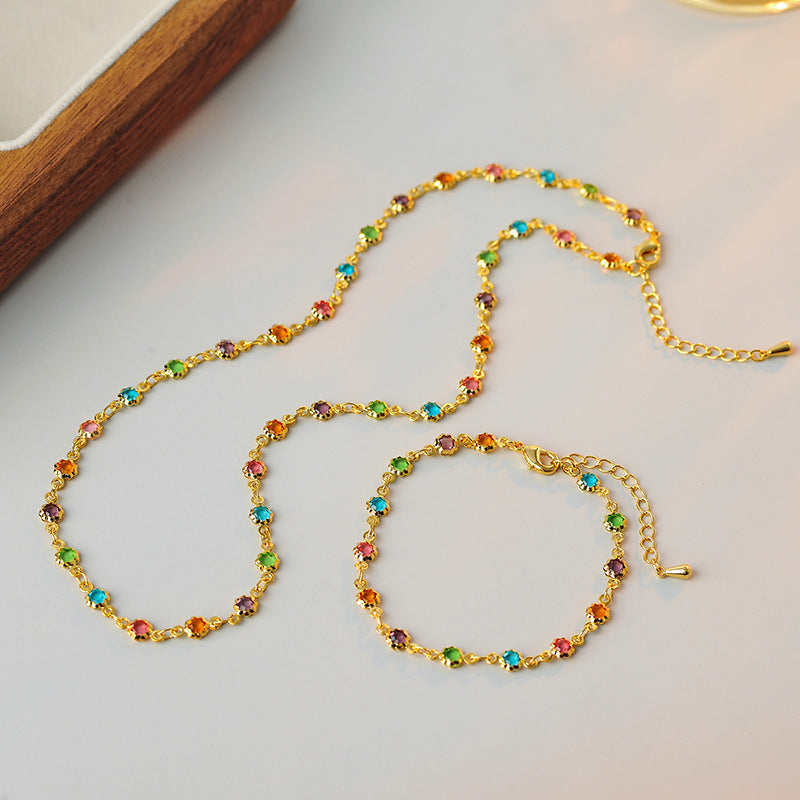 Real Gold Plated Micro Inlaid Zircon Colorful Zircon Elegant Collarbone Chain Women Fashion Design Sense European and American Style Rainbow Necklace