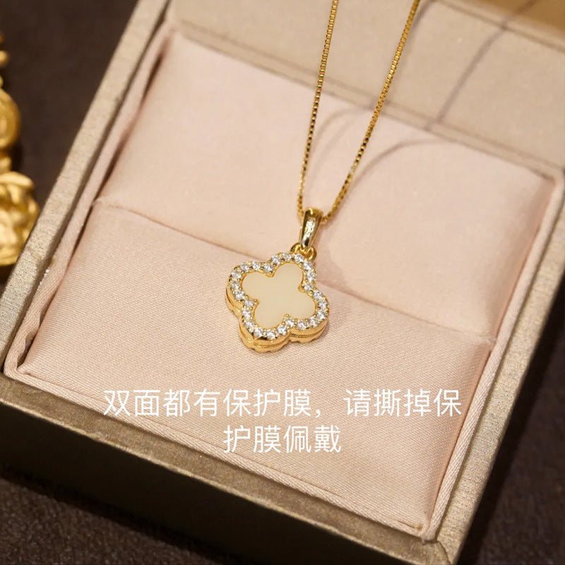 Japanese and Korean Fashion Simple Double-Sided Four-Leaf Clover Micro-Stud Necklace for Women Trendy Ins Internet Celebrity Temperament Street Style Collarbone Chain for Women