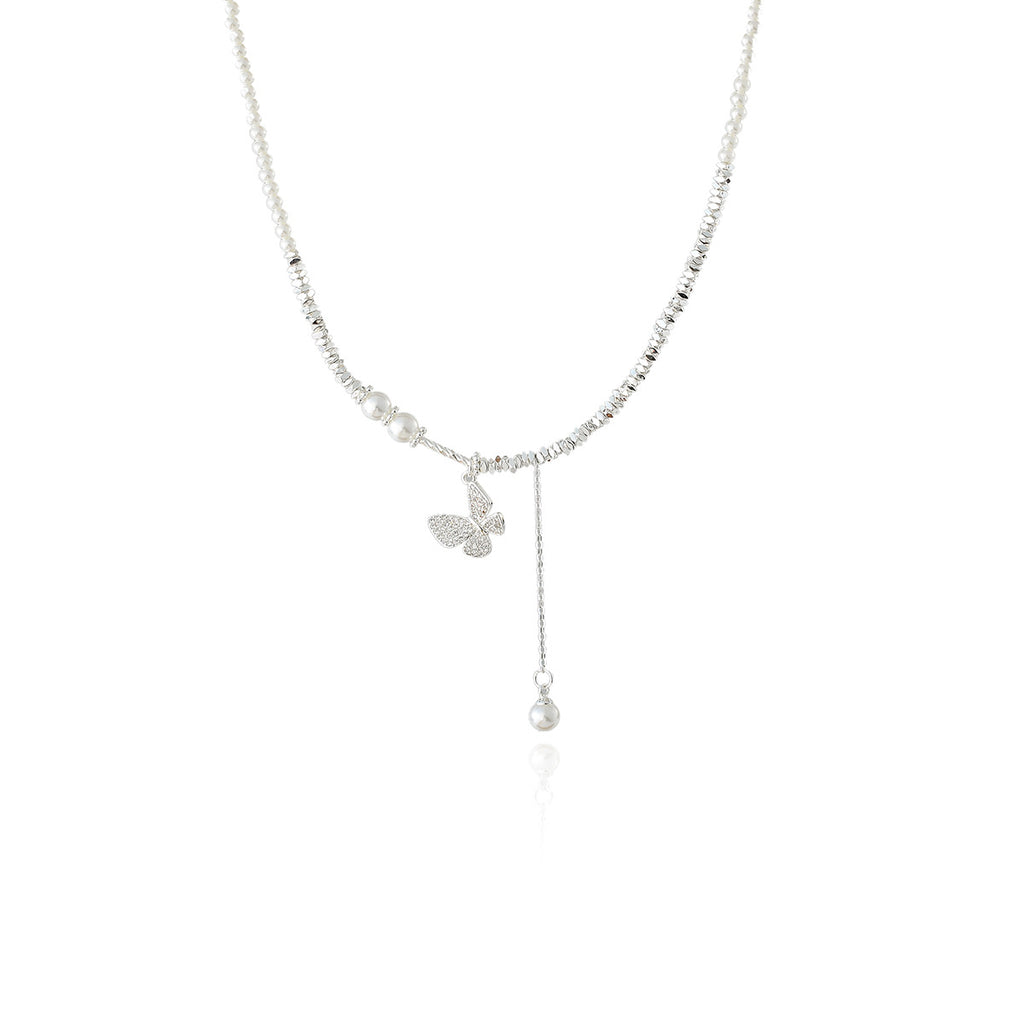Broken Silver Butterfly Pearl Necklace for Women, Niche Design, Light Luxury, High-End Feel, 2025 New Clavicle Chain