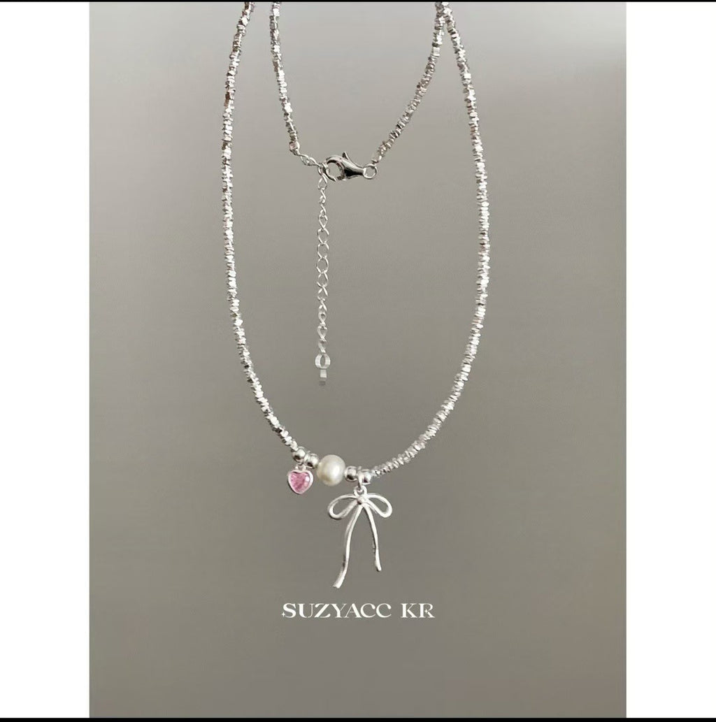 New Bowknot Pearl Pink Zircon Bracelet Necklace for Women Simple Handmade Design Silver Fragment Jewelry Collarbone Chain