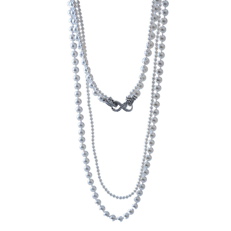 Double Layer Perfect Round Strong Light Pearl Necklace Niche Retro Layered Sweater Chain Light Luxury Neck Chain Detachable New Style