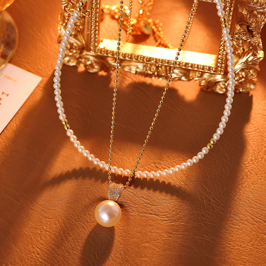 A Two-Way Necklace with Real Gold Plating and Double Layer Pearls, Elegant and Versatile Collarbone Chain