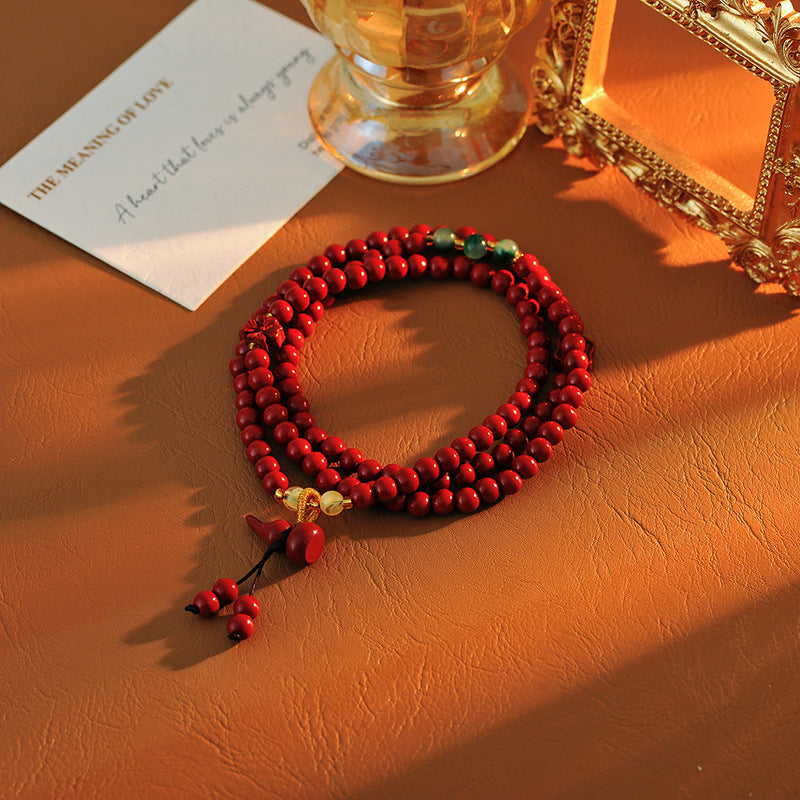 High Content Natural Cinnabar 6mm Bead Three Circle Bracelet Necklace Female Peace Gourd Long Bracelet Ethnic Style Purple Gold Sand