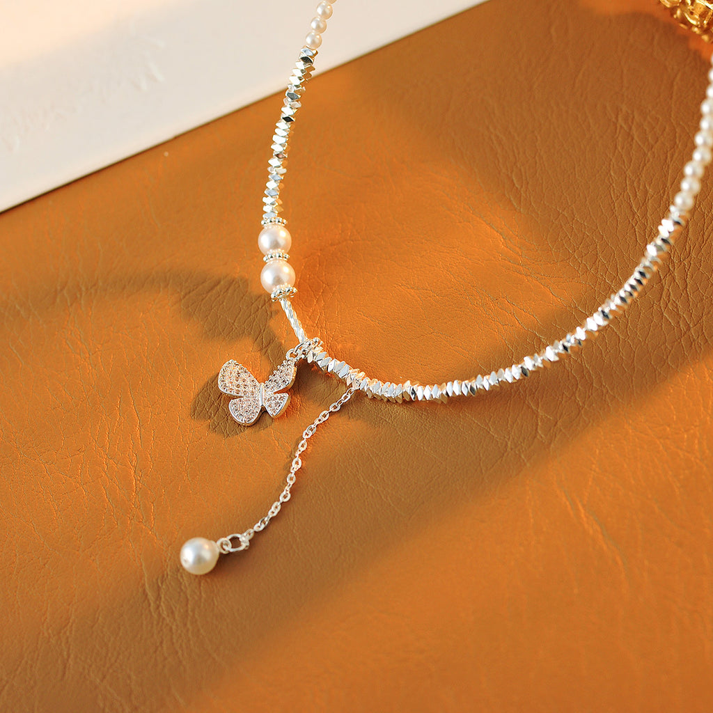 Broken Silver Butterfly Pearl Necklace for Women, Niche Design, Light Luxury, High-End Feel, 2025 New Clavicle Chain