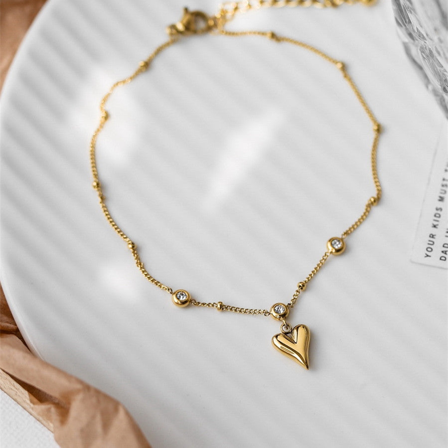 Simple Versatile Heart Zircon Anklet for Women, Light Luxury High-End Niche Design 2025 New Model 18K Gold Plated Anklet
