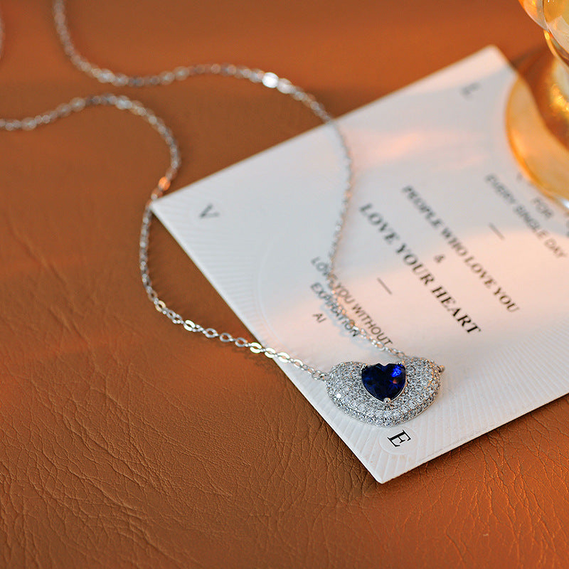 European and American Fashion Blue Heart Adjustable Necklace for Women Full Diamond Heart-Shaped Collarbone Chain Exquisite Elegant Jewelry
