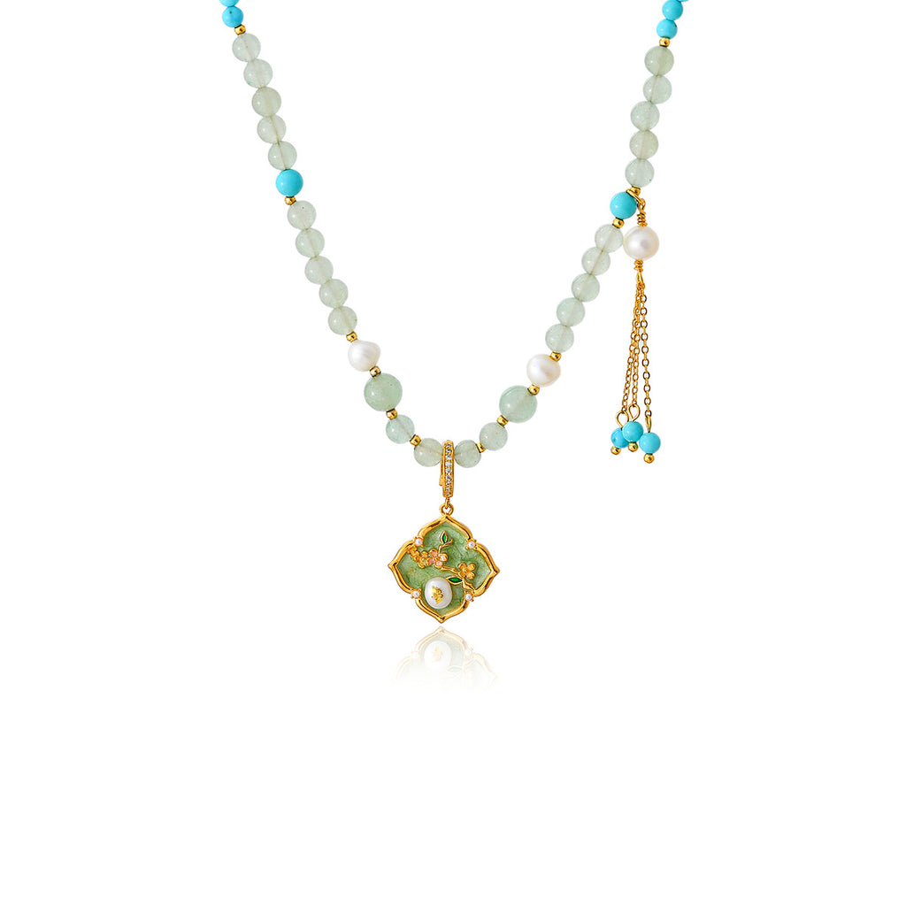 New Chinese Style Oil Drop Green Flower Necklace Niche Design Freshwater Pearl High-end Elegant Set