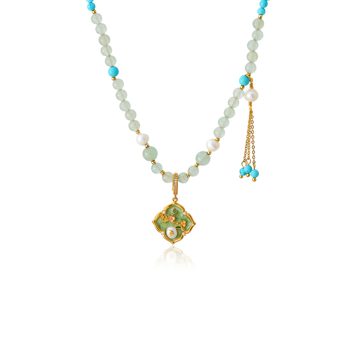 New Chinese Style Oil Drop Green Flower Necklace Niche Design Freshwater Pearl High-end Elegant Set