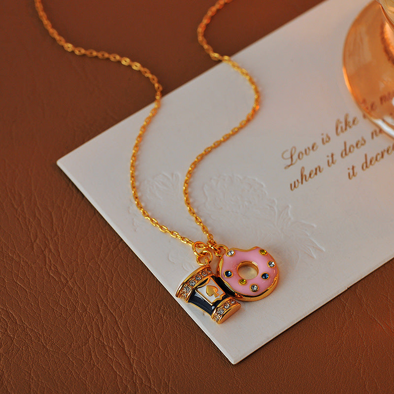 European and American Sweet Style Asymmetric Enamel Glaze Donut Coffee Cup Necklace Pendant High-end Necklace