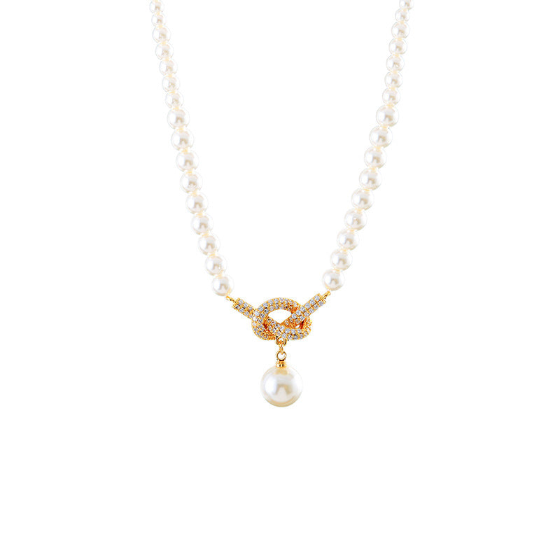 Real Gold Plated Pearl Zircon Knot Pendant Necklace Exquisite Fashionable Light Luxury High-end Feel