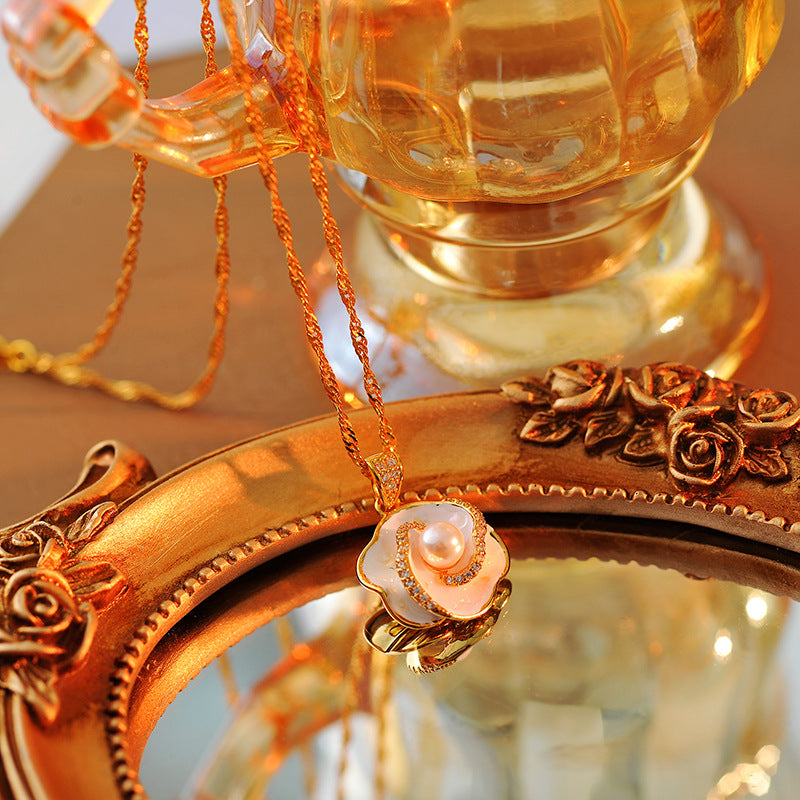 Pearl Rose Flower Necklace for Women, Light Luxury Enamel, High-End Niche Design, Fashionable and Elegant French Collarbone Chain