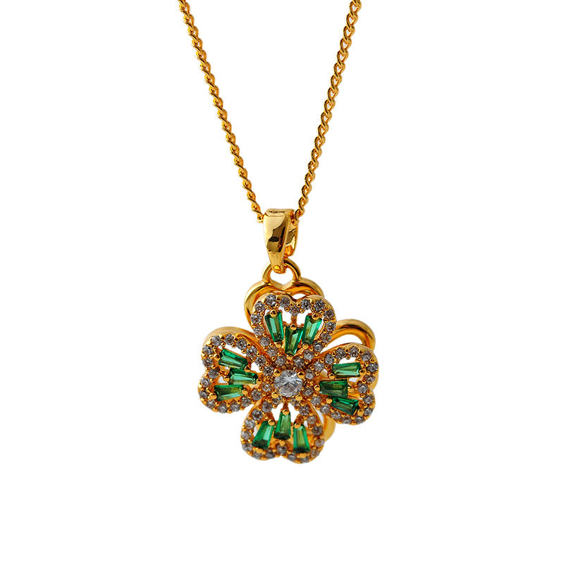 Japanese and Korean Exquisite Small Rotating Four-Leaf Clover Fashion High-End Micro-Inlaid Zircon Pendant Versatile High-End Necklace Collarbone Chain