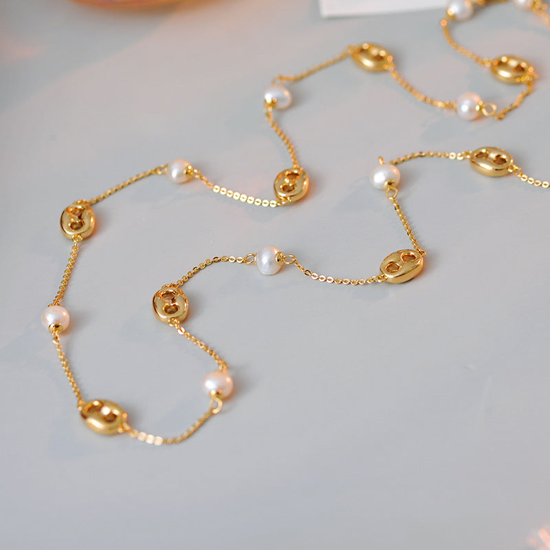 Real Gold Plated Pig Nose Pearl Necklace Fashion Versatile Collarbone Chain Light Luxury High-end Sense Jewelry