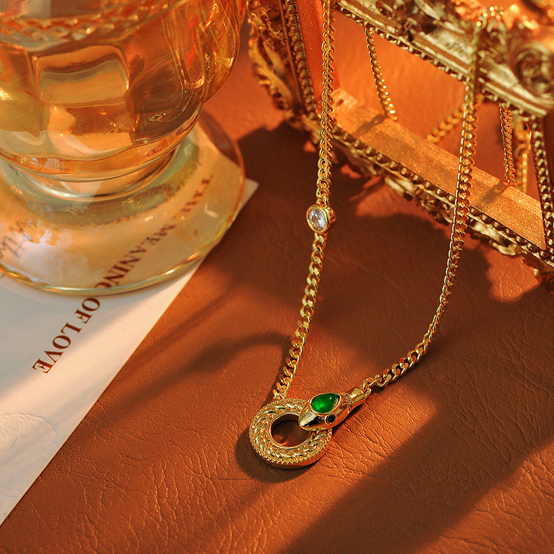 Cuban High-End Metallic Silver Gemstone Braided Sweater Necklace High-End Light Luxury Niche Snake Head Collarbone Chain