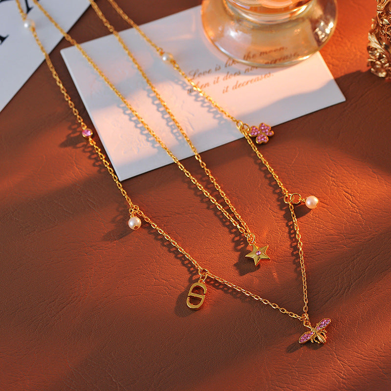 High-Quality D Brand New Double-Layer Necklace Niche Light Luxury High-End Feel CD Letter Pearl Star Collarbone Chain Necklace
