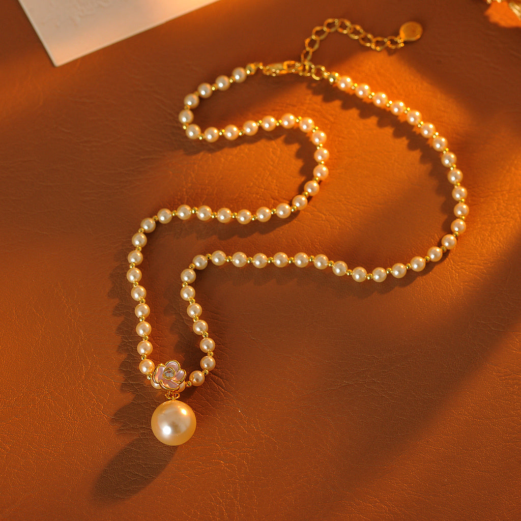 Fashionable Chanel Style Camellia Pearl Necklace Light Luxury Socialite Elegant Temperament Trendy Simple Jewelry
