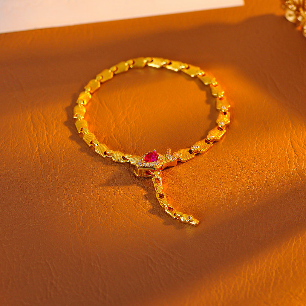 Luxury High-End Sparkling Diamond Ruby Bone Knot Snake Necklace Sweet Cool Adjustable Snake Bracelet Set Accessories