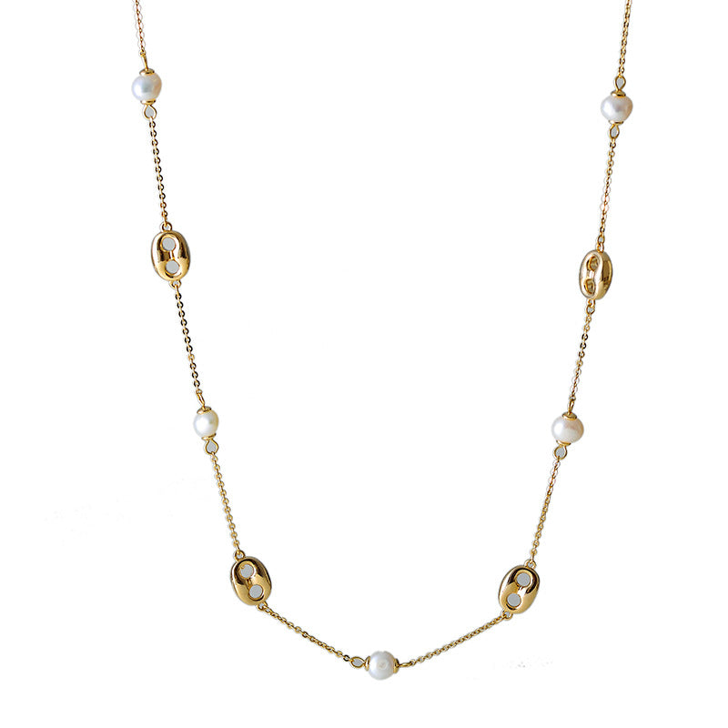 Real Gold Plated Pig Nose Pearl Necklace Fashion Versatile Collarbone Chain Light Luxury High-end Sense Jewelry