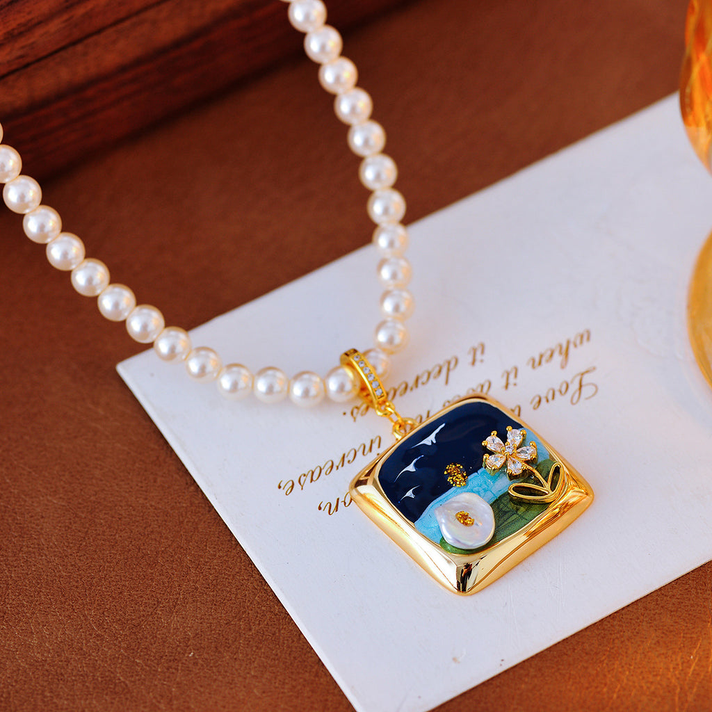 New Monet Garden Oil Painting Style High-end Necklace for Women Baroque Pearl Flower Necklace