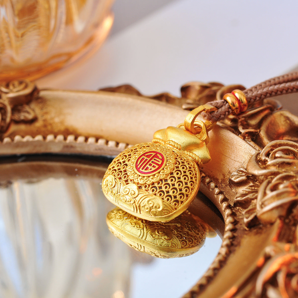 Yang Mi Same Style Strong Color Retention Extremely High Carved Hollow New Chinese Style Lucky Bag Necklace Sweater Chain Hanfu Accessories for Women