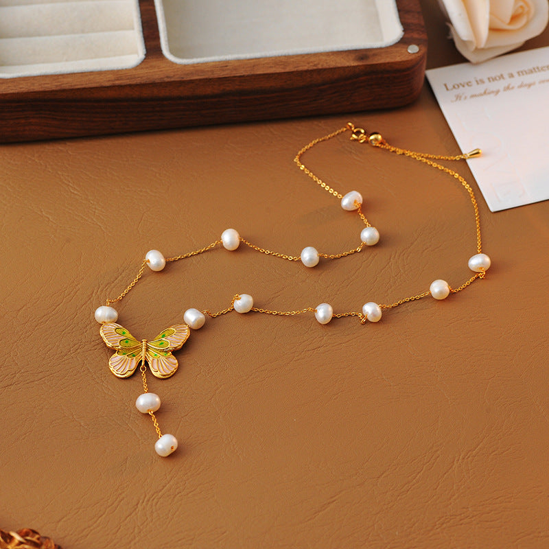 Falan Color Super Fairy Niche Design Simple Forest Style Butterfly Exquisite Baroque Pearl Simple Necklace