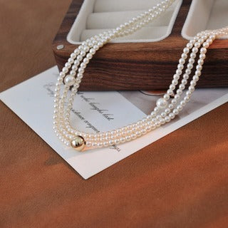 French Retro Hepburn Style Fashion Elegant Multi-layer Imitation Shijia High-gloss Pearl Small Gold Bead Short Necklace for Women