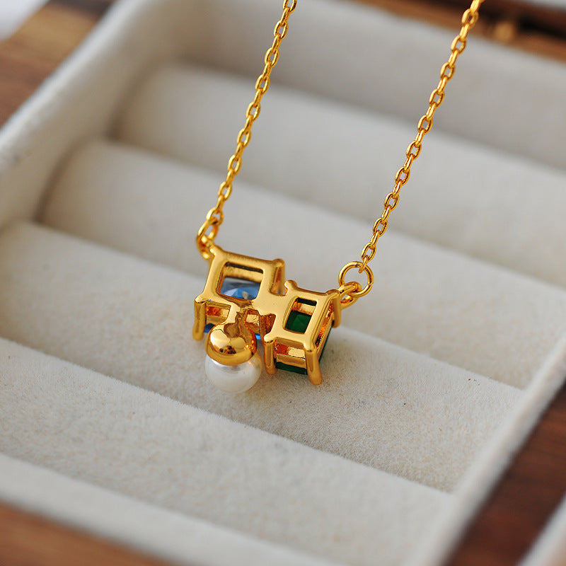 Fashionable Light Luxury Retro Colorful Zircon Pearl Exquisite Geometric Simple Metal Fashion Versatile Necklace